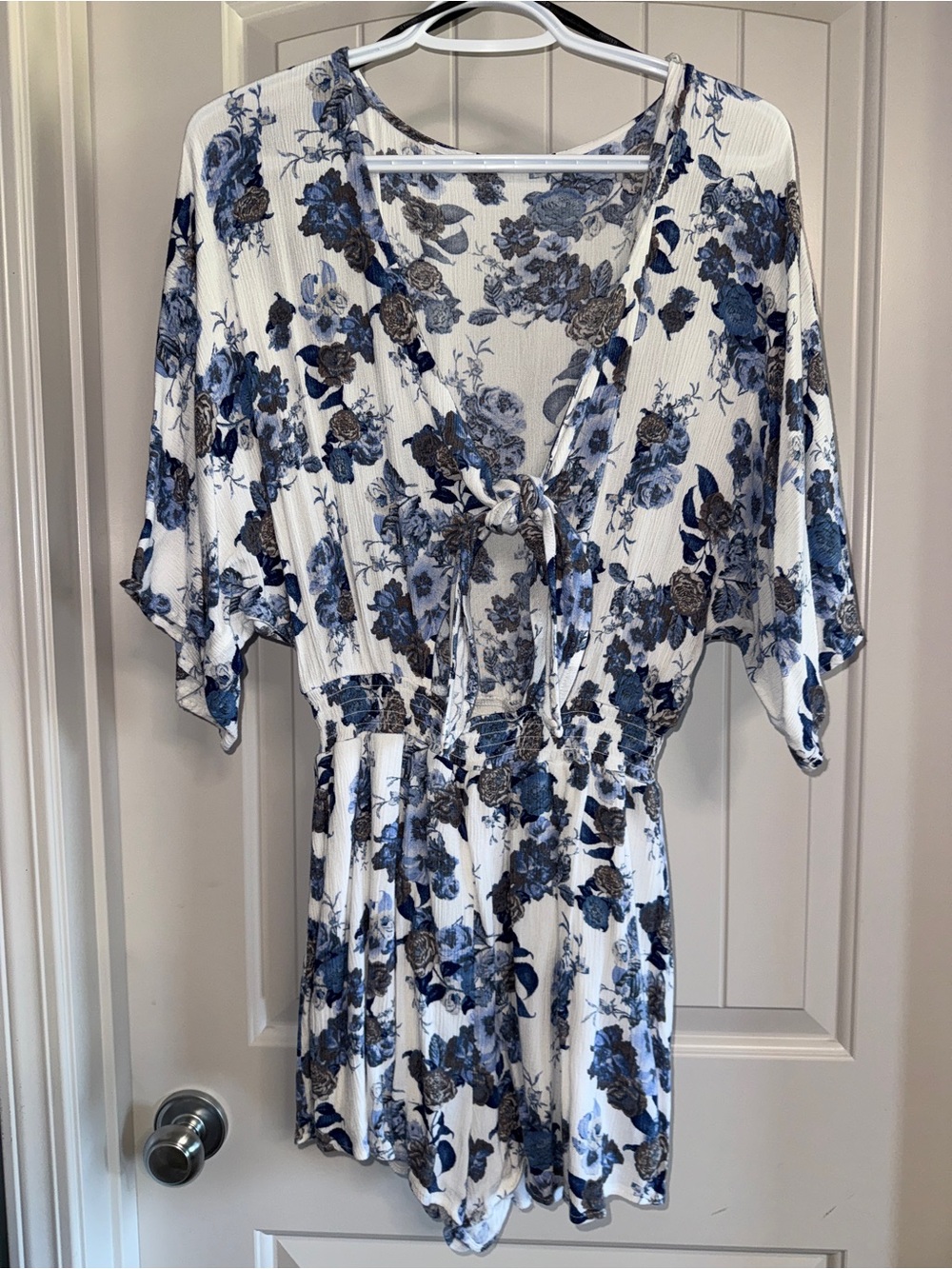 Forever 21 White Floral Tie-Front Romper with Blue Print